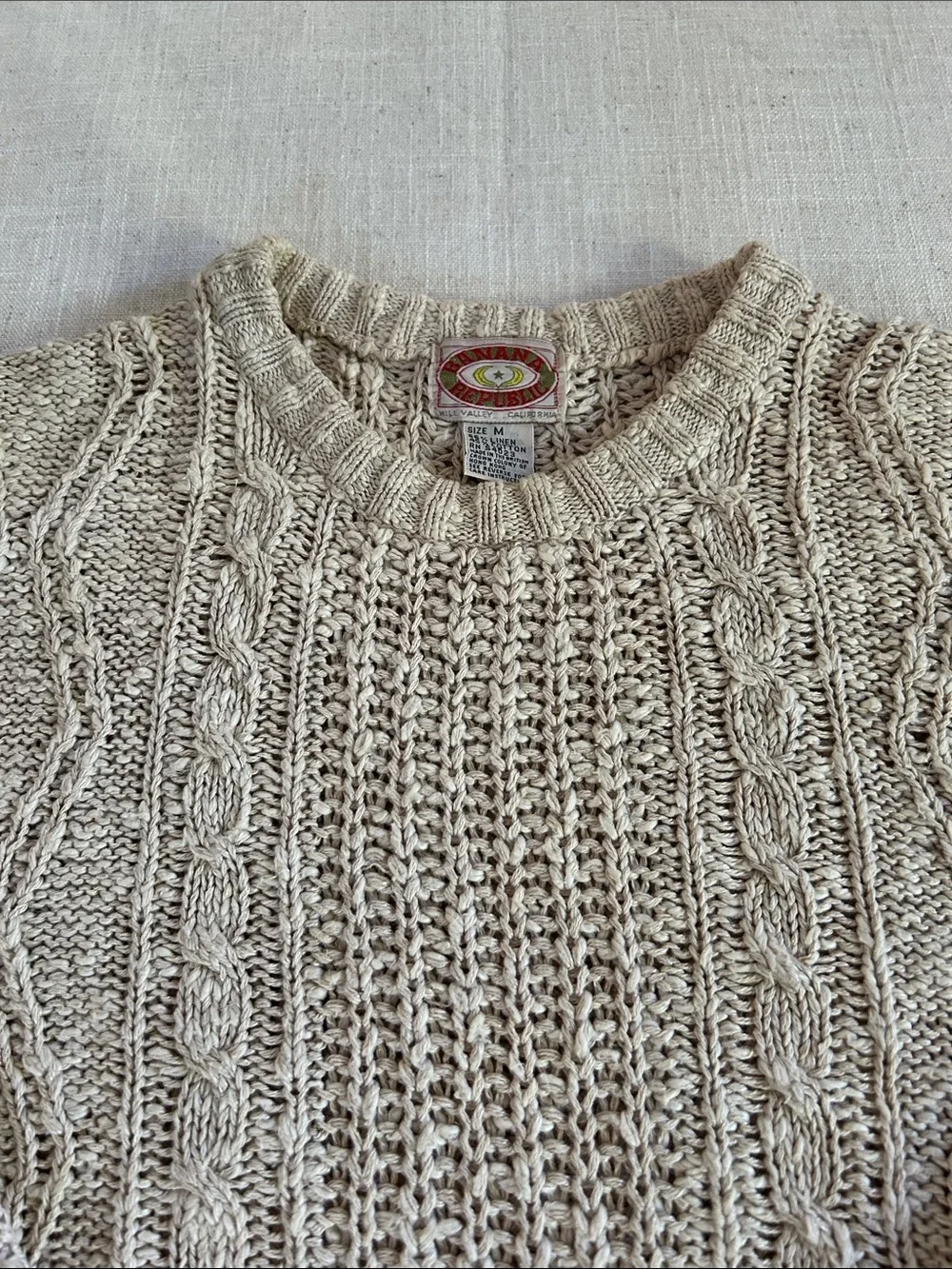 Vintage Banana Republic Sweater Linen/Cotton Cable Knit Medium Oatmeal Fisherman - Picture 3 of 13